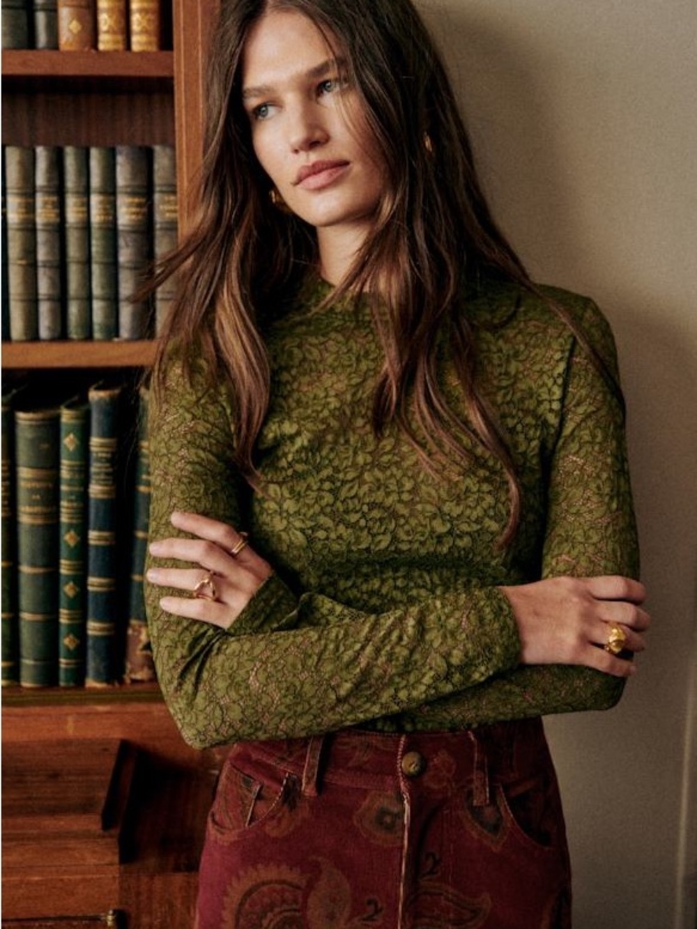 Sézane Taori Green Lace Top